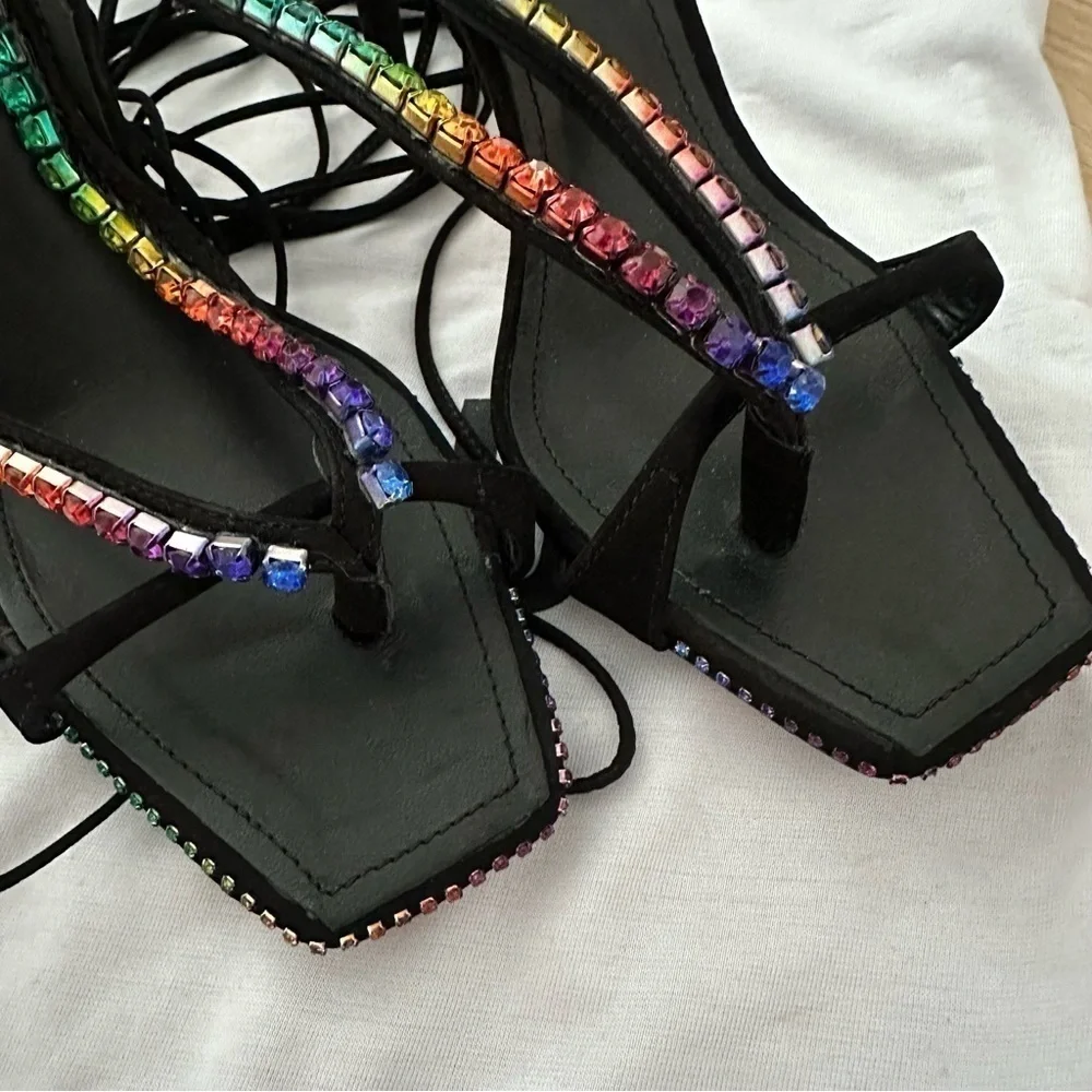 NEW Schutz Vikki Crystals Black Lace Up Open Toe High Heel Sandals SIZE 7